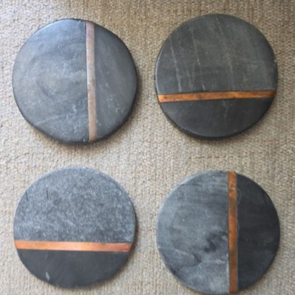 Set of 4 Two-Tone Natural Slate & Soapstone Coasters with Inlaid Copper Stripe